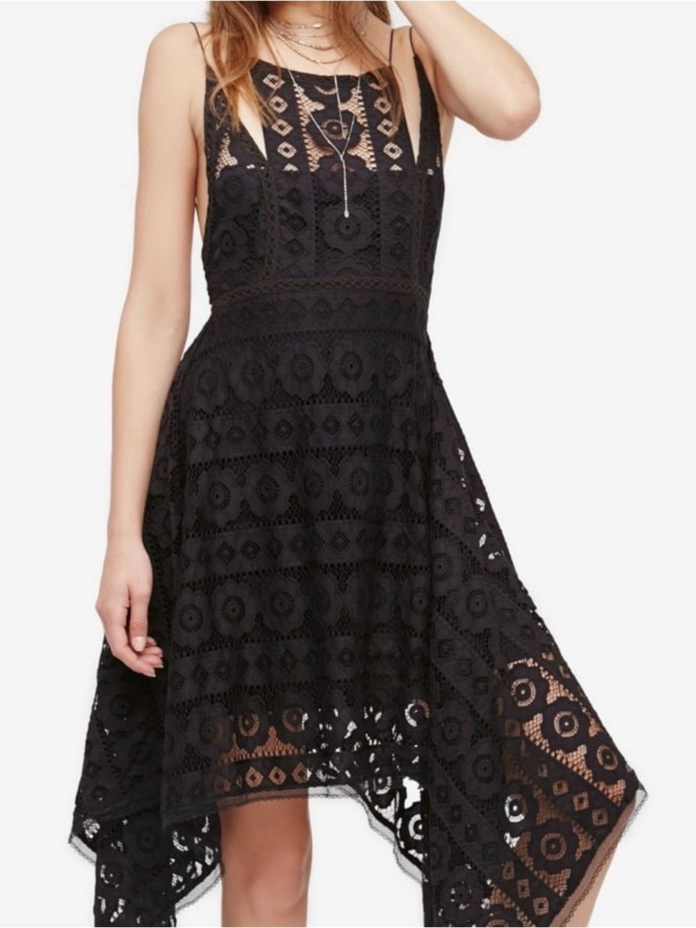 Free People Black Crochet Asymmetrical Hem Dress